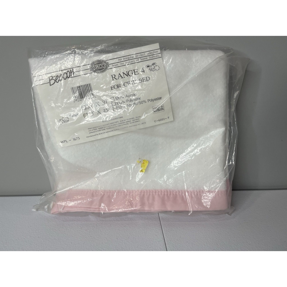 Vtg Beacon Acrylic‎ Polyester Baby Crib Blanket White Pink Trim Made In USA
